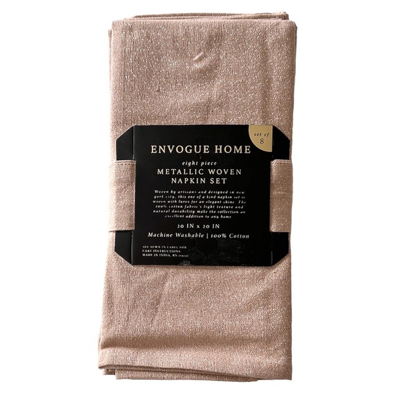 Envogue 8 Pc Napkins Set Cotton Woven Metallic NEW  W TAGS Dusty Peach Metallic - Picture 2 of 5